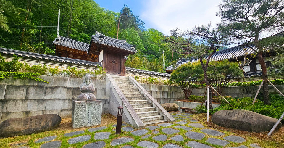디딤돌 길과 정원 사이에 앉아 있는 야은 길재 선생상, 대문으로 오르는 돌계단과 돌담, 소나무